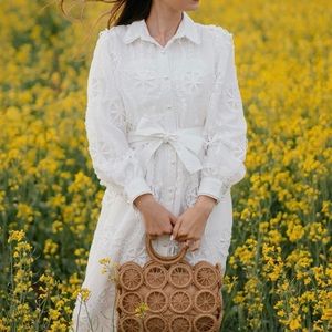 White Bishop Sleeve Midi Sundress Pinwheel Lace Dress Size XL
